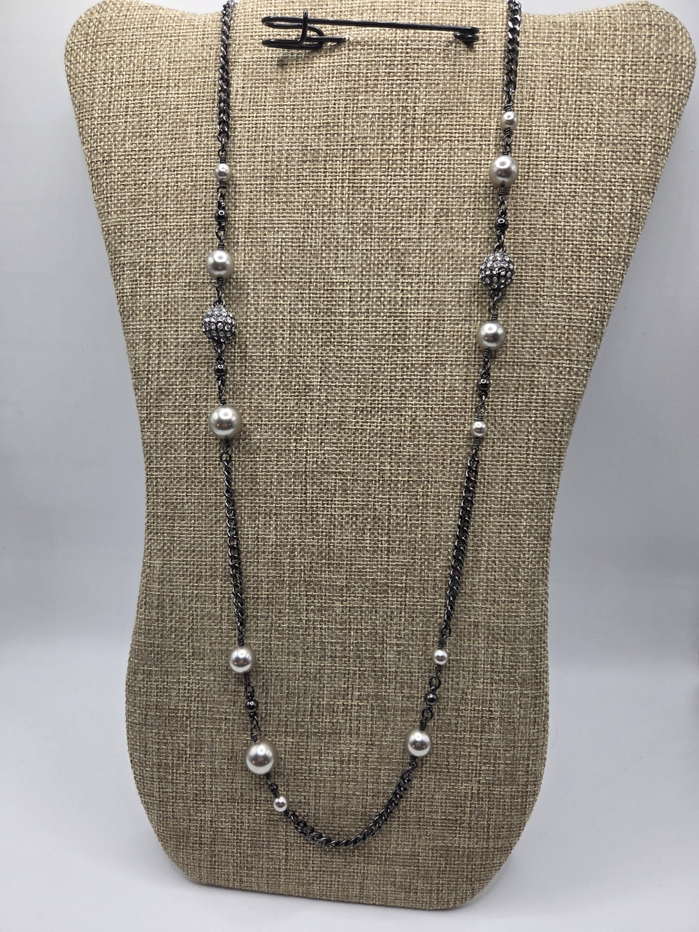 1598. J. Crew White Pearl and Gunmetal Bead Long Necklace